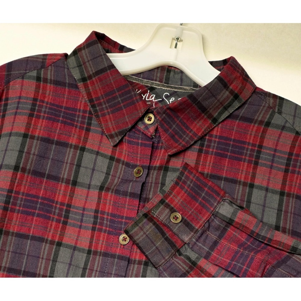 Kyla Seo Plaid Shirt Women's Large Button Down Red Gray Velvet Embroidered Back